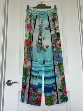Johnny Was Vibrant Floral & Butterfly Print Wide-Leg split  Pants - Turquoise S